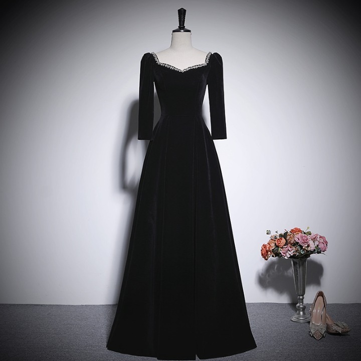 ドレス 衣装 ドレスワンピース イブニングドレス ブラックドレス 長袖 パフスリーブ 刺繡 胸元 ロング丈 バックシャン ベルベット ステージドレス 発表会 かわいい 大人可愛い きれいめ シンプル