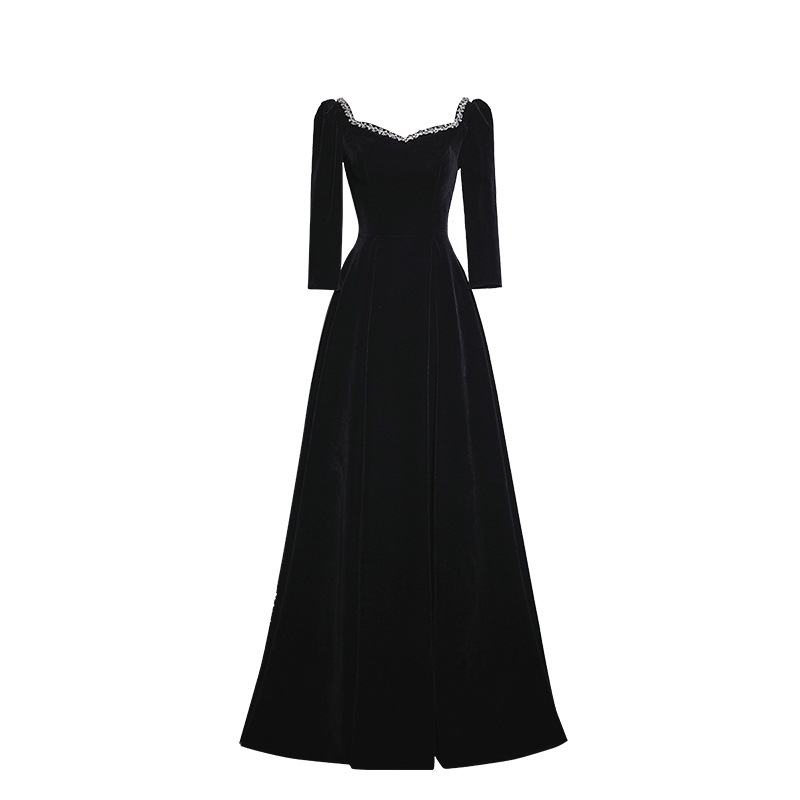 ドレス 衣装 ドレスワンピース イブニングドレス ブラックドレス 長袖 パフスリーブ 刺繡 胸元 ロング丈 バックシャン ベルベット ステージドレス 発表会 かわいい 大人可愛い きれいめ シンプル