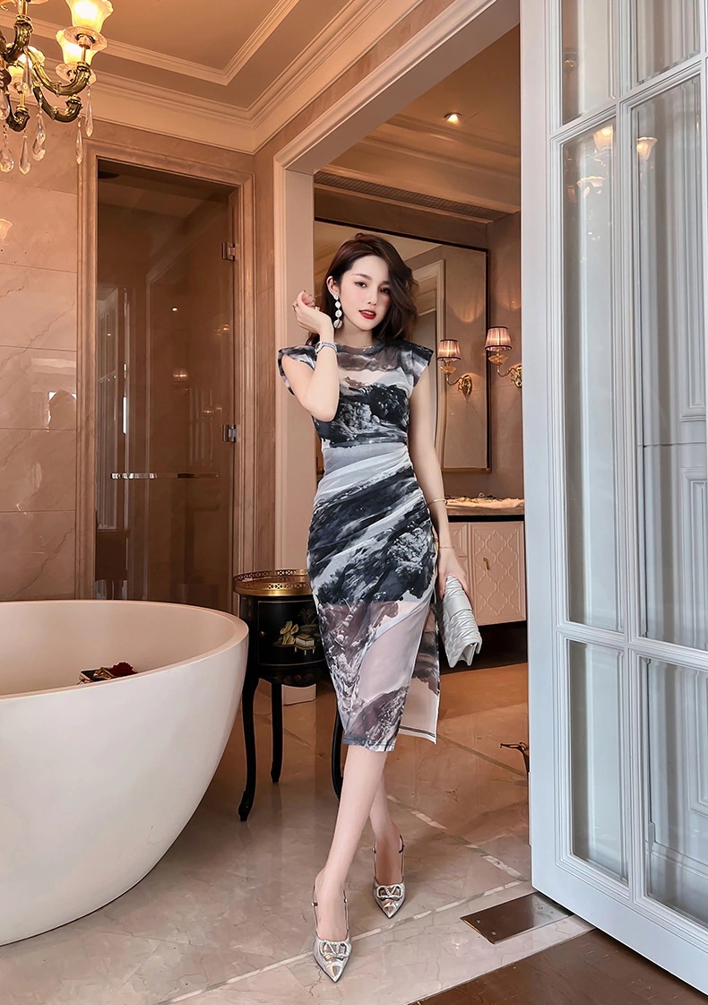 【JY.上品】 チャイナドレス ワンピ＋インナーキャミ 2セット 中華風 シフォン フォーマル パーティードレス キャバドレス 同窓会 披露宴 卒業式 結婚式 ウェディング 二次会