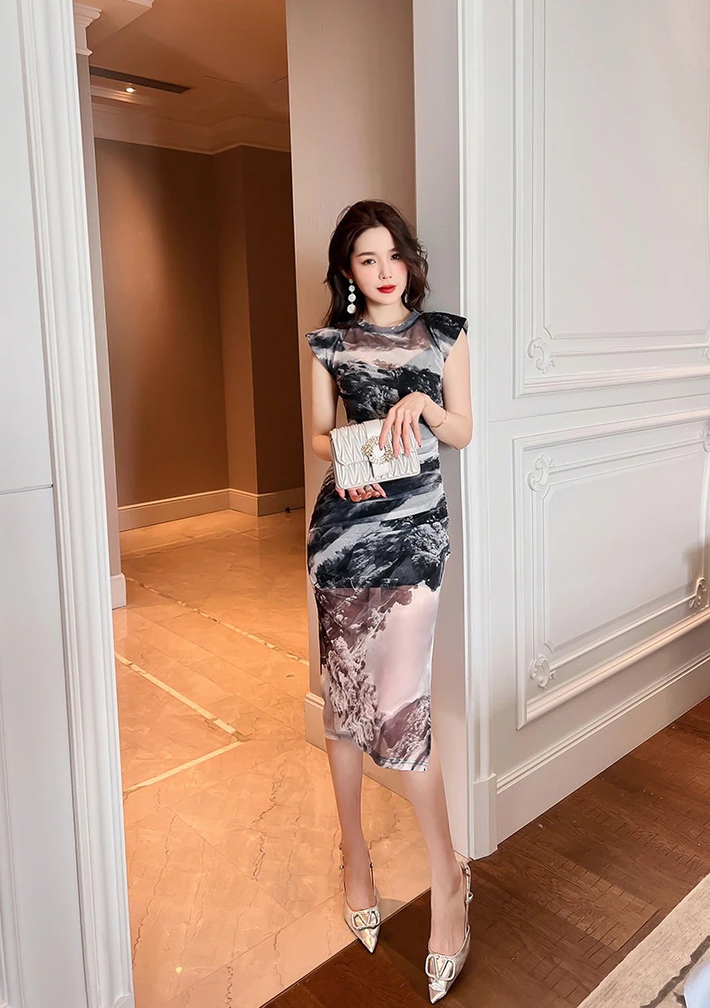 【JY.上品】 チャイナドレス ワンピ＋インナーキャミ 2セット 中華風 シフォン フォーマル パーティードレス キャバドレス 同窓会 披露宴 卒業式 結婚式 ウェディング 二次会