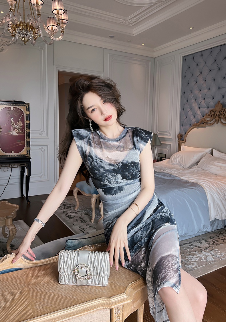 【JY.上品】 チャイナドレス ワンピ＋インナーキャミ 2セット 中華風 シフォン フォーマル パーティードレス キャバドレス 同窓会 披露宴 卒業式 結婚式 ウェディング 二次会