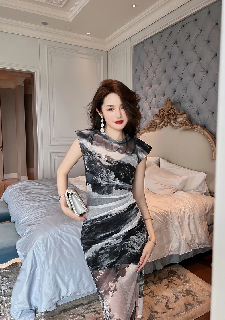 【JY.上品】 チャイナドレス ワンピ＋インナーキャミ 2セット 中華風 シフォン フォーマル パーティードレス キャバドレス 同窓会 披露宴 卒業式 結婚式 ウェディング 二次会