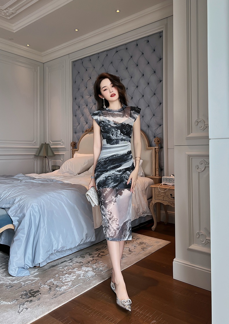 【JY.上品】 チャイナドレス ワンピ＋インナーキャミ 2セット 中華風 シフォン フォーマル パーティードレス キャバドレス 同窓会 披露宴 卒業式 結婚式 ウェディング 二次会