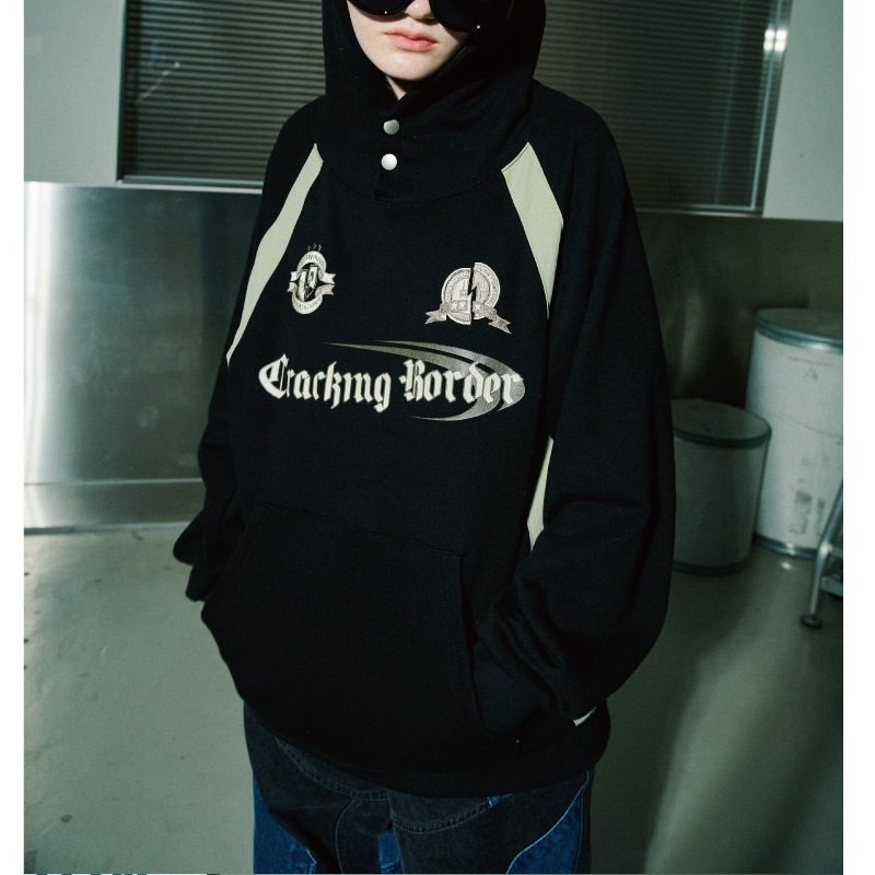 [THE BOYZソヌ着用]Cracking snap leglan hoodie black