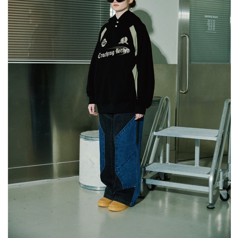 [THE BOYZソヌ着用]Cracking snap leglan hoodie black