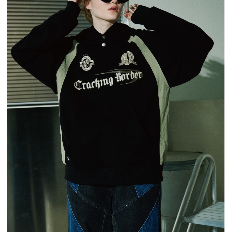 [THE BOYZソヌ着用]Cracking snap leglan hoodie black