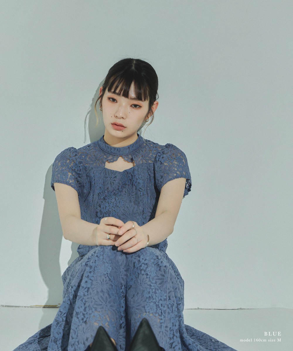 結婚式 ワンピース パーティードレス フロントオープン 総レース 花柄 レース ボトルネック ロング丈 フレア 袖あり 半袖 ロングドレス オケージョン 1.5次会 春夏 秋冬 二次会 謝恩会