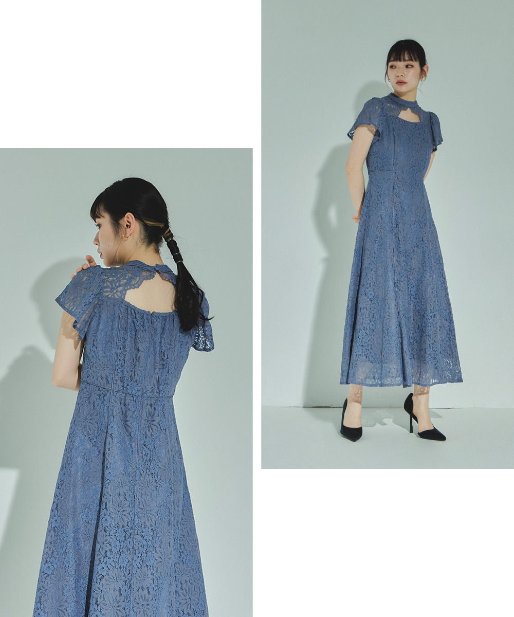 結婚式 ワンピース パーティードレス フロントオープン 総レース 花柄 レース ボトルネック ロング丈 フレア 袖あり 半袖 ロングドレス オケージョン 1.5次会 春夏 秋冬 二次会 謝恩会