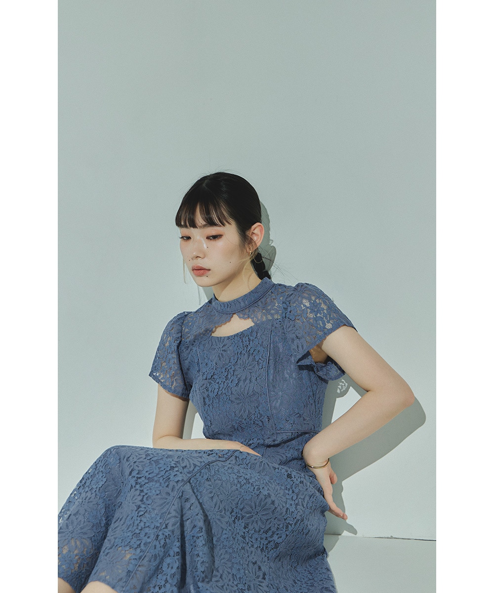 結婚式 ワンピース パーティードレス フロントオープン 総レース 花柄 レース ボトルネック ロング丈 フレア 袖あり 半袖 ロングドレス オケージョン 1.5次会 春夏 秋冬 二次会 謝恩会