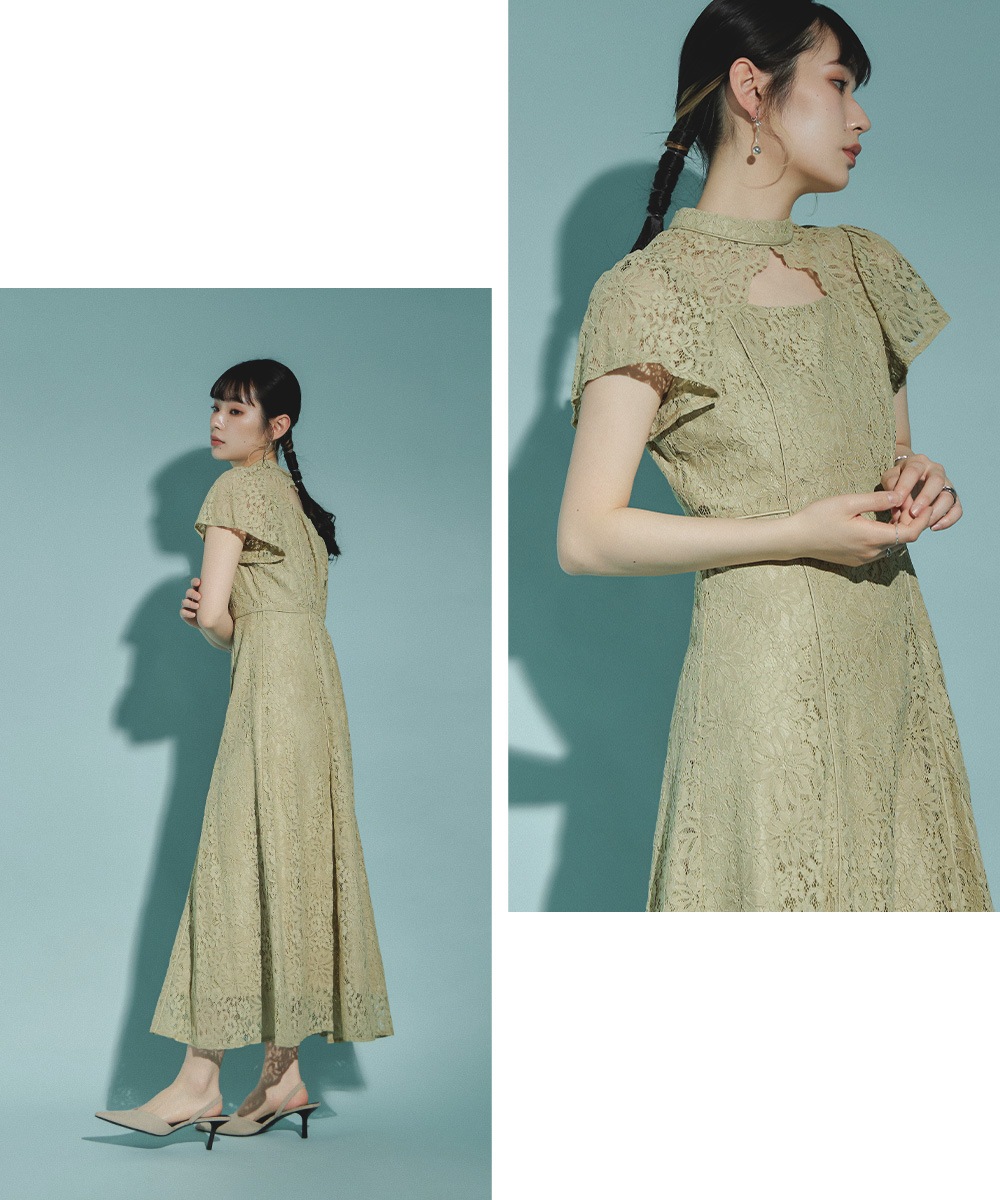 結婚式 ワンピース パーティードレス フロントオープン 総レース 花柄 レース ボトルネック ロング丈 フレア 袖あり 半袖 ロングドレス オケージョン 1.5次会 春夏 秋冬 二次会 謝恩会