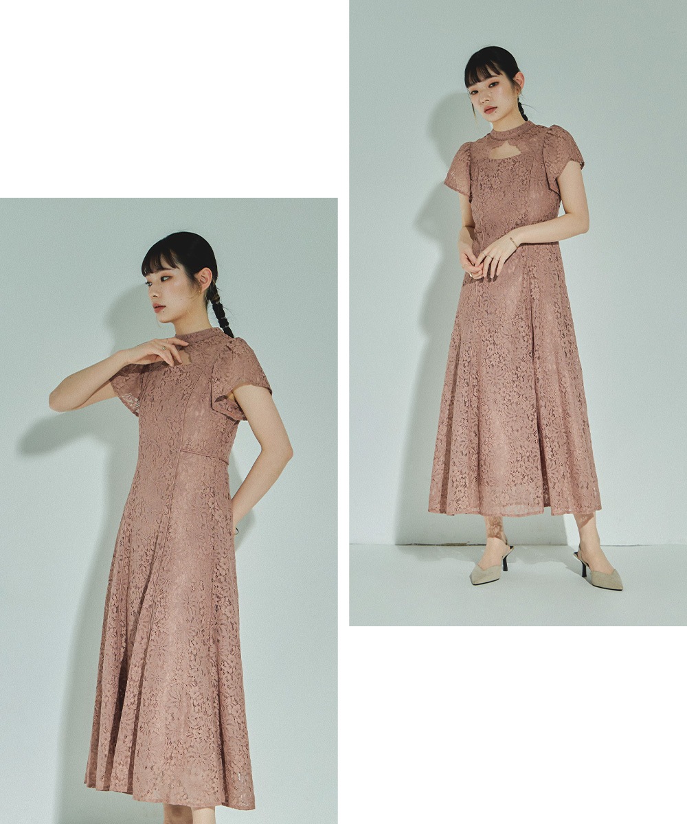 結婚式 ワンピース パーティードレス フロントオープン 総レース 花柄 レース ボトルネック ロング丈 フレア 袖あり 半袖 ロングドレス オケージョン 1.5次会 春夏 秋冬 二次会 謝恩会