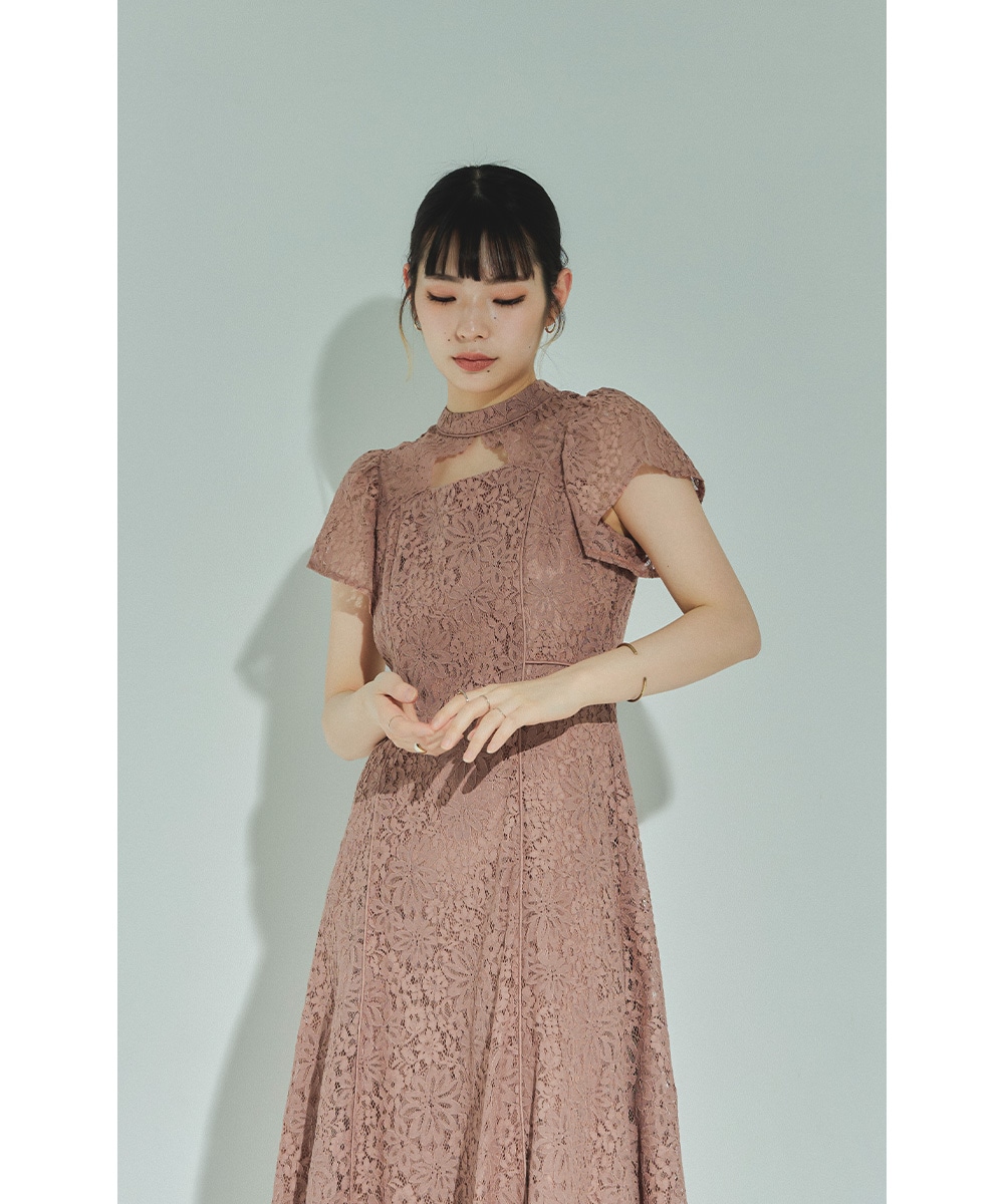 結婚式 ワンピース パーティードレス フロントオープン 総レース 花柄 レース ボトルネック ロング丈 フレア 袖あり 半袖 ロングドレス オケージョン 1.5次会 春夏 秋冬 二次会 謝恩会