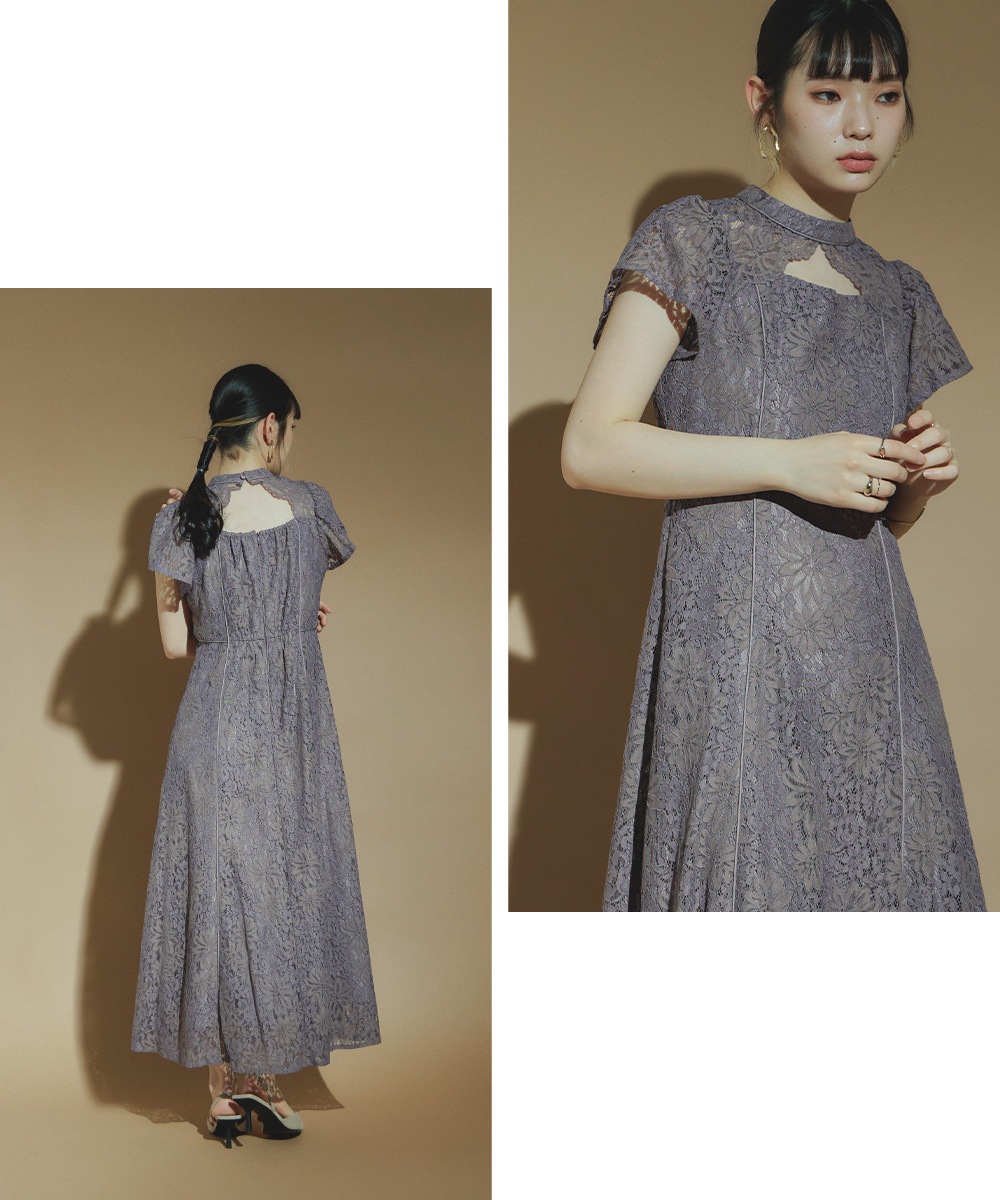 結婚式 ワンピース パーティードレス フロントオープン 総レース 花柄 レース ボトルネック ロング丈 フレア 袖あり 半袖 ロングドレス オケージョン 1.5次会 春夏 秋冬 二次会 謝恩会