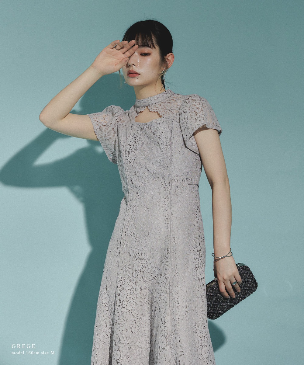 結婚式 ワンピース パーティードレス フロントオープン 総レース 花柄 レース ボトルネック ロング丈 フレア 袖あり 半袖 ロングドレス オケージョン 1.5次会 春夏 秋冬 二次会 謝恩会