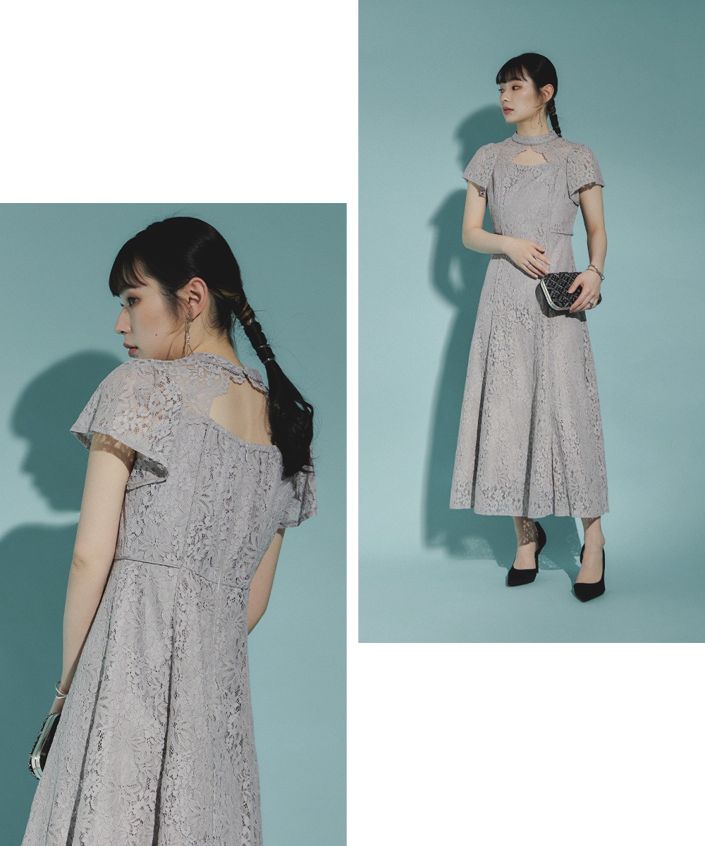 結婚式 ワンピース パーティードレス フロントオープン 総レース 花柄 レース ボトルネック ロング丈 フレア 袖あり 半袖 ロングドレス オケージョン 1.5次会 春夏 秋冬 二次会 謝恩会