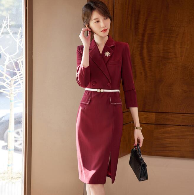 スーツワンピース 通勤 レディースワンピース 感 無地 シンプル エレガント 2color ワイン ネイビー 膝丈ワンピース 長袖ワンピース ビジネス おしゃれ 宴会 パーティー 結婚式 二次会