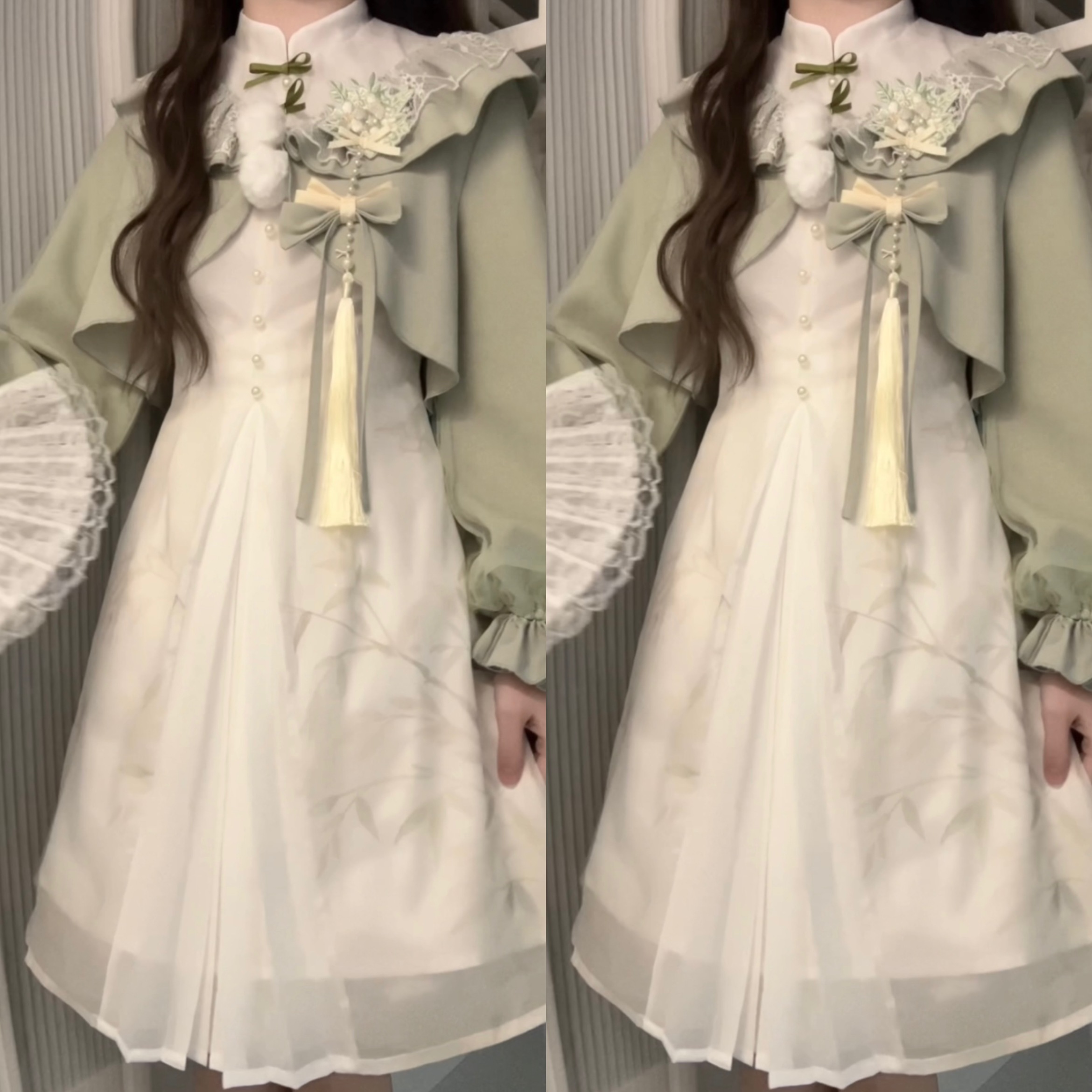 正規品デザイン青梅緑茶新韓国cos要素ワンピースコートセット少女 正規品デザイン青梅緑茶新韓国cos要素ワンピースコートセット少女