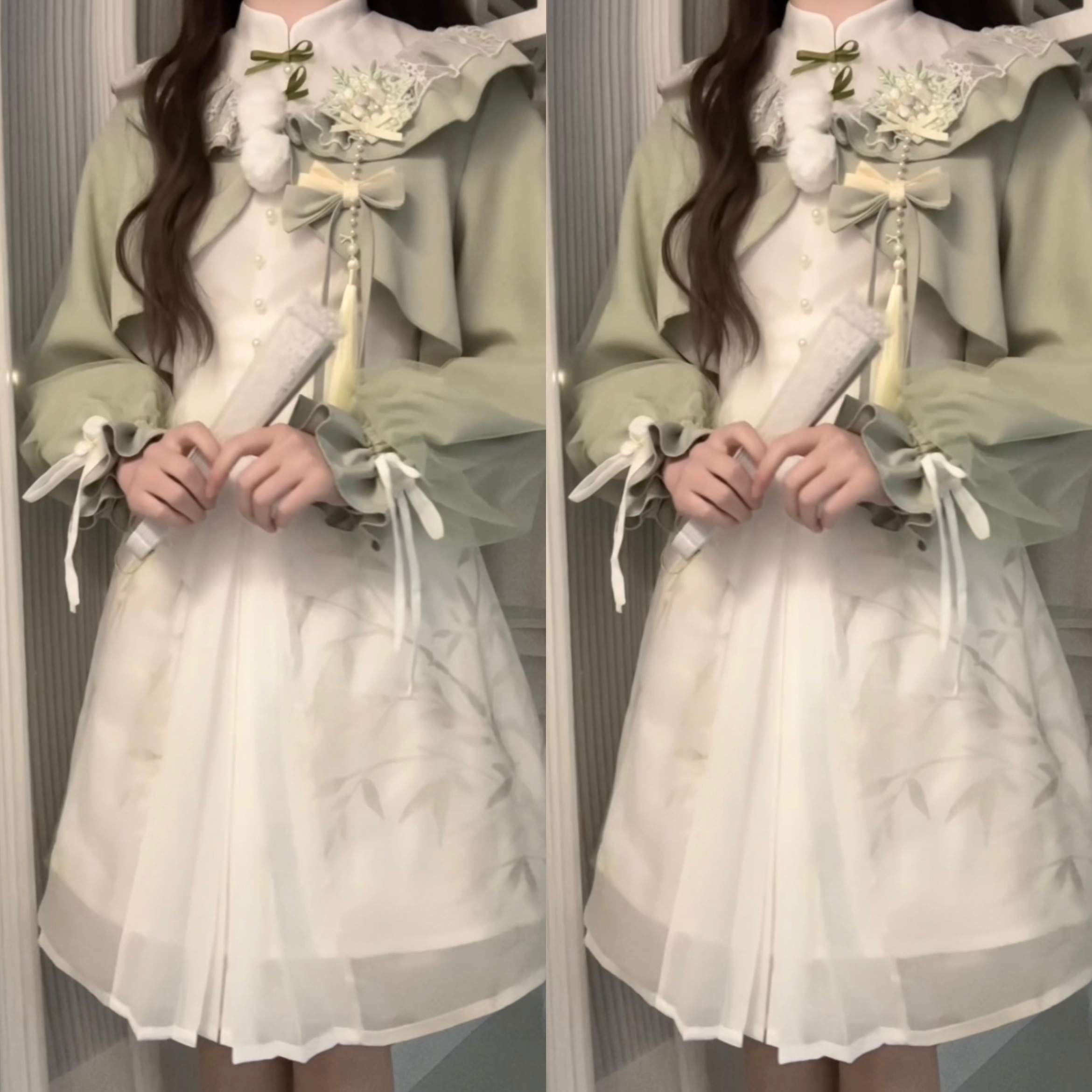 正規品デザイン青梅緑茶新韓国cos要素ワンピースコートセット少女 正規品デザイン青梅緑茶新韓国cos要素ワンピースコートセット少女