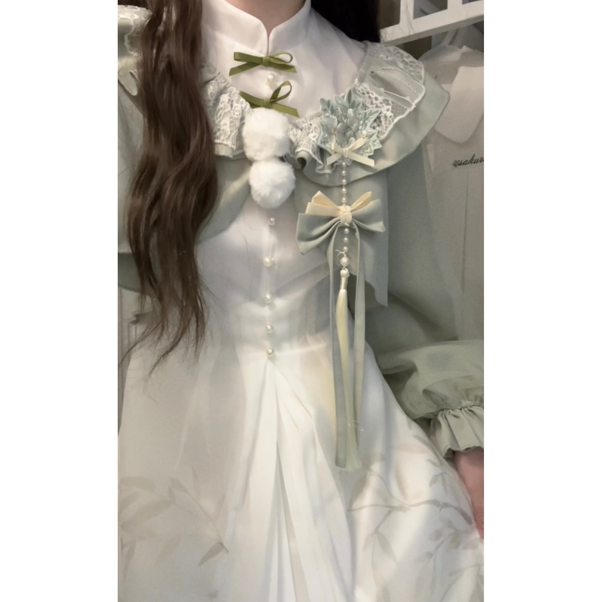 正規品デザイン青梅緑茶新韓国cos要素ワンピースコートセット少女 正規品デザイン青梅緑茶新韓国cos要素ワンピースコートセット少女