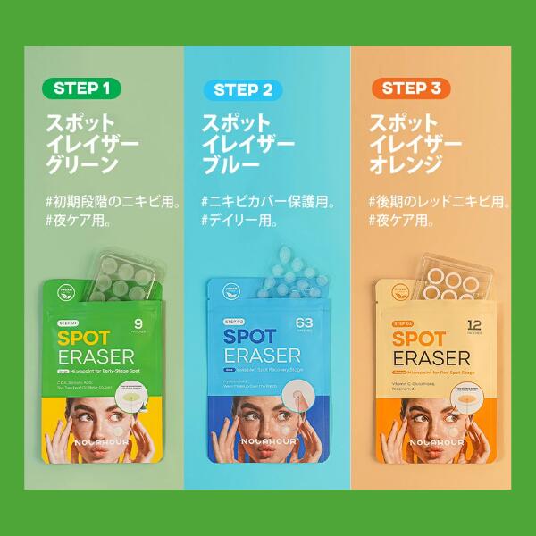 NOLAHOUR スポットイレイザー STEP01 ( グリーン ) 9枚入 [9個セット] CICA マイクロニードルパッチ 韓国コスメ 韓国化粧品 ノラアワ ニキビパッチ にきびパッチ ニキビ M