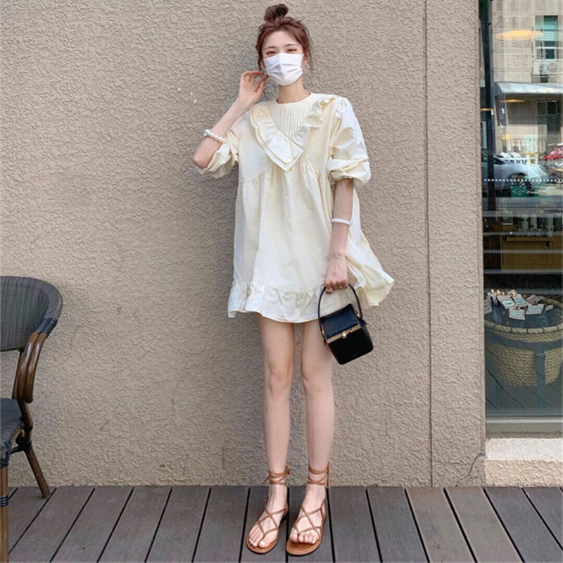 ミニワンピース トップス スイート ガーリー ミニ丈 ショート丈 袖あり 半袖 ラウンドネック ワイド フリル 大人女子 大人 上品 おしゃれ デイリーウェア レトロ レトロ風 こなれ感 ルーズ