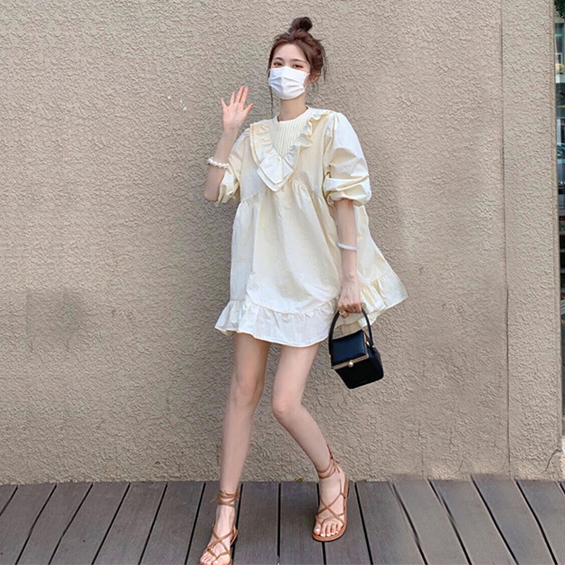 ミニワンピース トップス スイート ガーリー ミニ丈 ショート丈 袖あり 半袖 ラウンドネック ワイド フリル 大人女子 大人 上品 おしゃれ デイリーウェア レトロ レトロ風 こなれ感 ルーズ