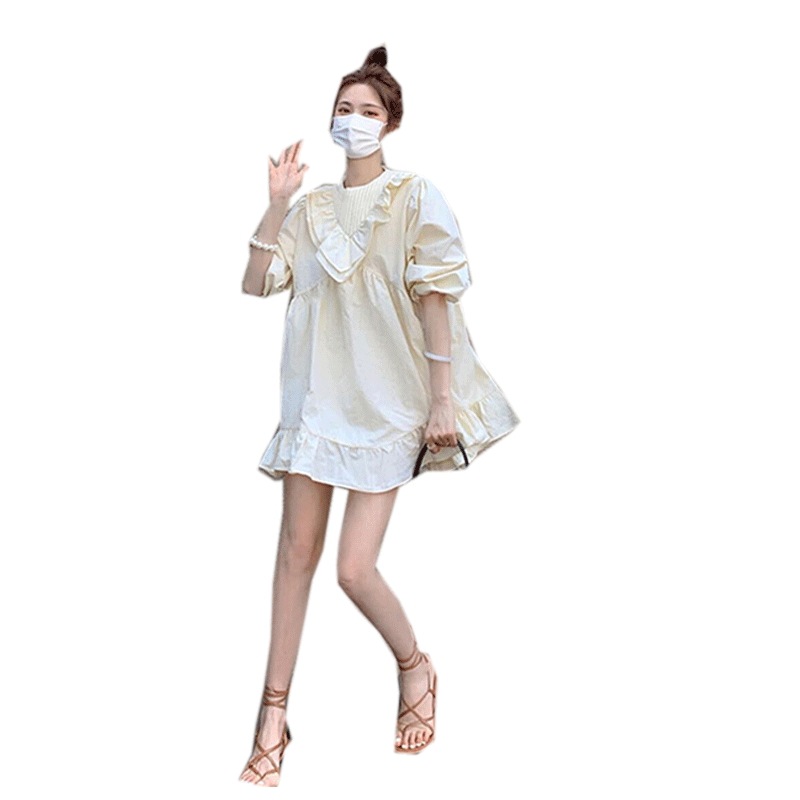 ミニワンピース トップス スイート ガーリー ミニ丈 ショート丈 袖あり 半袖 ラウンドネック ワイド フリル 大人女子 大人 上品 おしゃれ デイリーウェア レトロ レトロ風 こなれ感 ルーズ