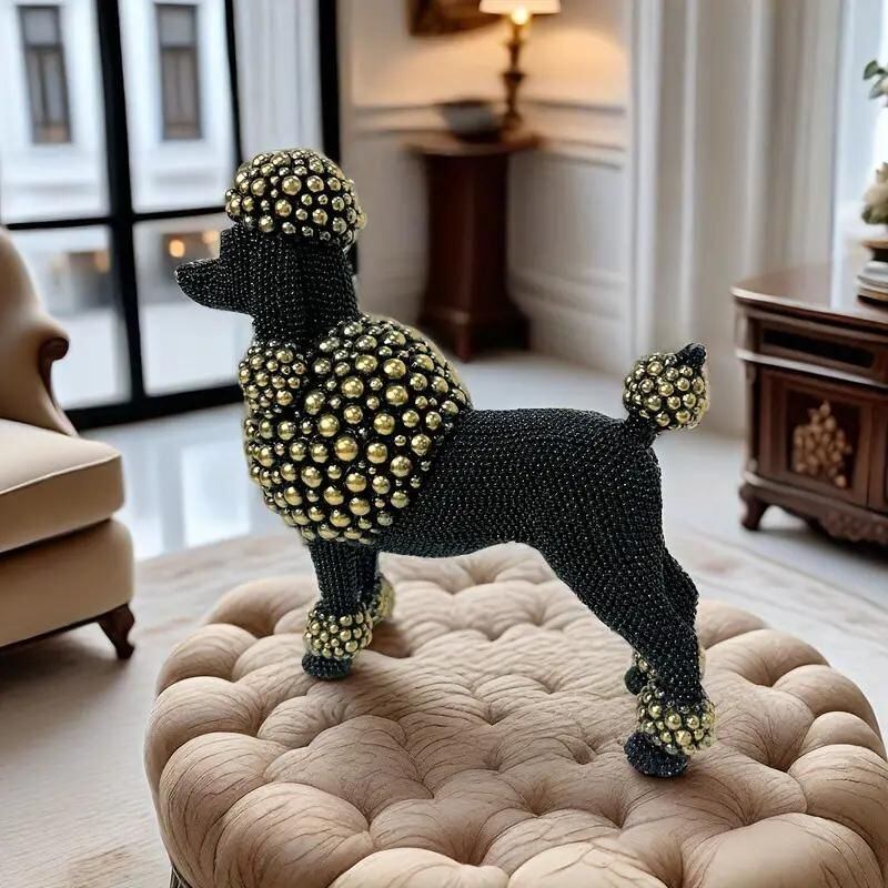 卓上オブジェ 置物 プードル アニマル 動物 犬 ビーズ細工風 樹脂製 インテリア ゴールド ブラック パーティー 飾り おしゃれ かわいい シンプル アート