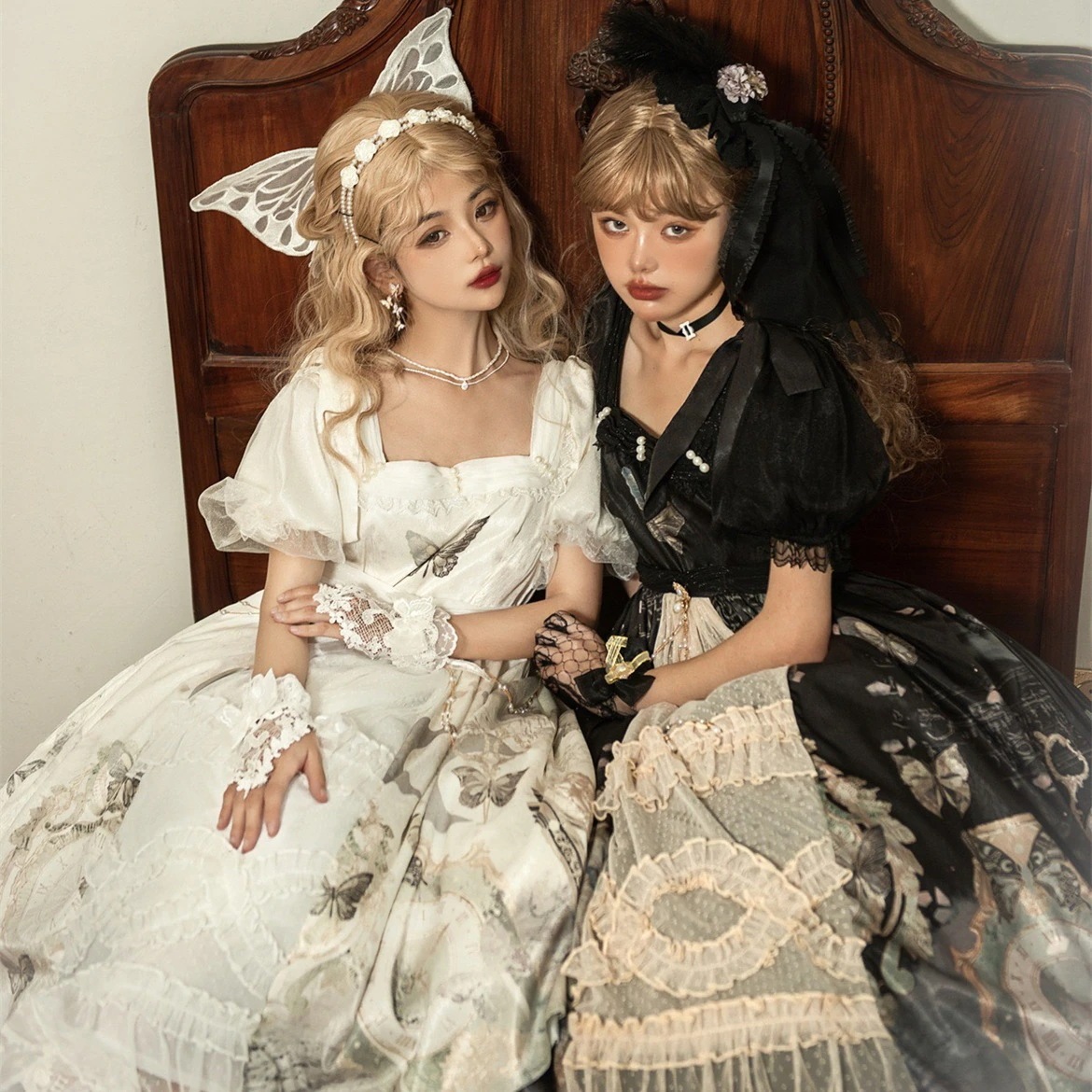 正規品デザイン時計蝶lolitaエレガント半袖opワンピース白黒双子 正規品デザイン時計蝶lolitaエレガント半袖opワンピース白黒双子