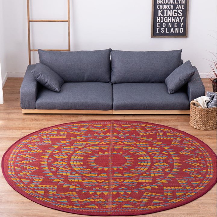 ラグマット い草ラグ 円形 丸型 直径約180cm アステカ オルテガ柄 おしゃれ かっこいい 男前デザイン 春夏用 裏貼り 滑り止め付き