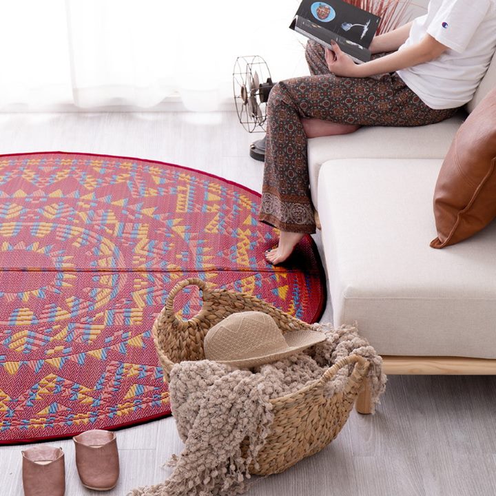 ラグマット い草ラグ 円形 丸型 直径約180cm アステカ オルテガ柄 おしゃれ かっこいい 男前デザイン 春夏用 裏貼り 滑り止め付き