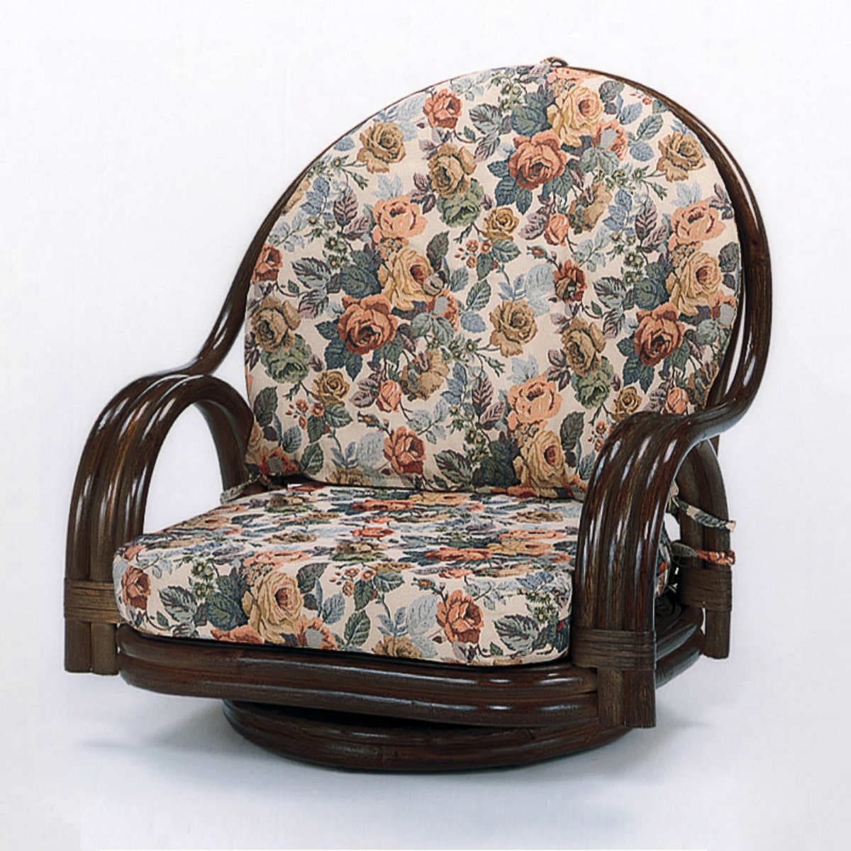 籐 回転座椅子 ラタンチェア 座面高19cm 回転式 背もたれ付き 肘付き 肘掛 イス チェア 座いす アジアン 籐家具 花柄 和モダン ラタン リラックスチェア パーソナルチェア 籐回転椅子