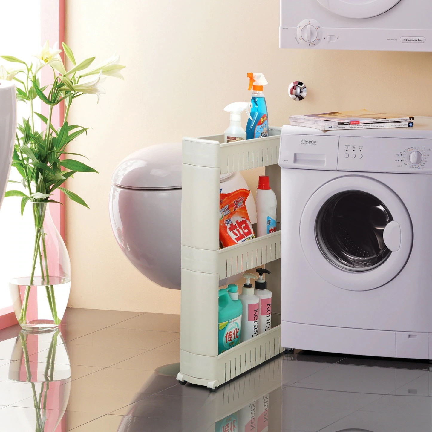 【1つ買うと10個無料】プラスチックの隙間棚収納棚滑車付き冷蔵庫キッチン隙間棚浴室棚 【1つ買うと10個無料】プラスチックの隙間棚収納棚滑車付き冷蔵庫キッチン隙間棚浴室棚