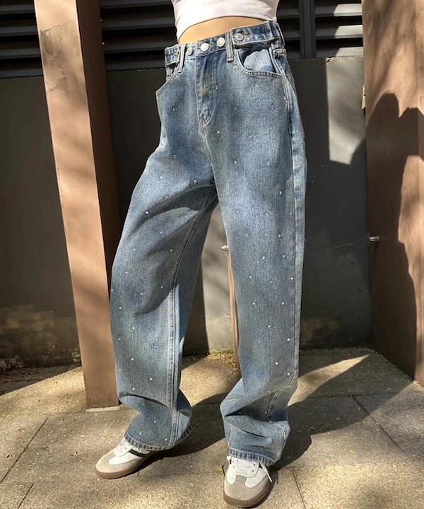 ハイウエストワイドビジューデニムパンツ フレイアイディー ハイ