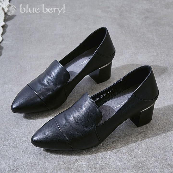 パンプス レディース 牛革 チャンキーヒール ローファー風 4cmヒール 安定感 ゴム底( ブラック, 23.5 cm 3E)