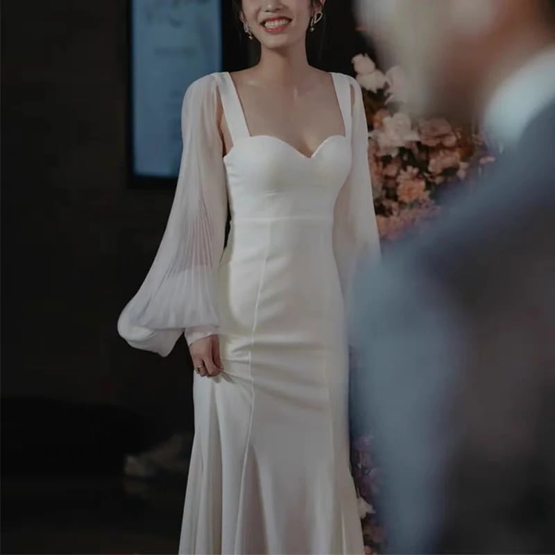ウェディングドレス 白 パーティードレス オフショル 結婚式 ドレス 長袖 白 シンプル 無地 ワンピース 二次会 披露宴 前撮り後撮り 花嫁ドレス