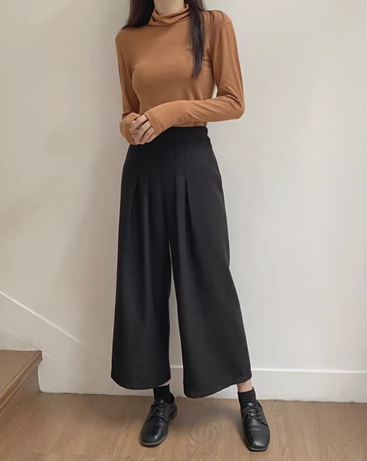 パンツ ボトムス ガウチョパンツ ロングパンツ ワイドパンツ ロング 8分丈 クロップド丈 ワイド セミフレア 裾ワイド ポケット ウエストゴム コンサバ 中厚手 ストレッチ 伸縮性 きれいめ