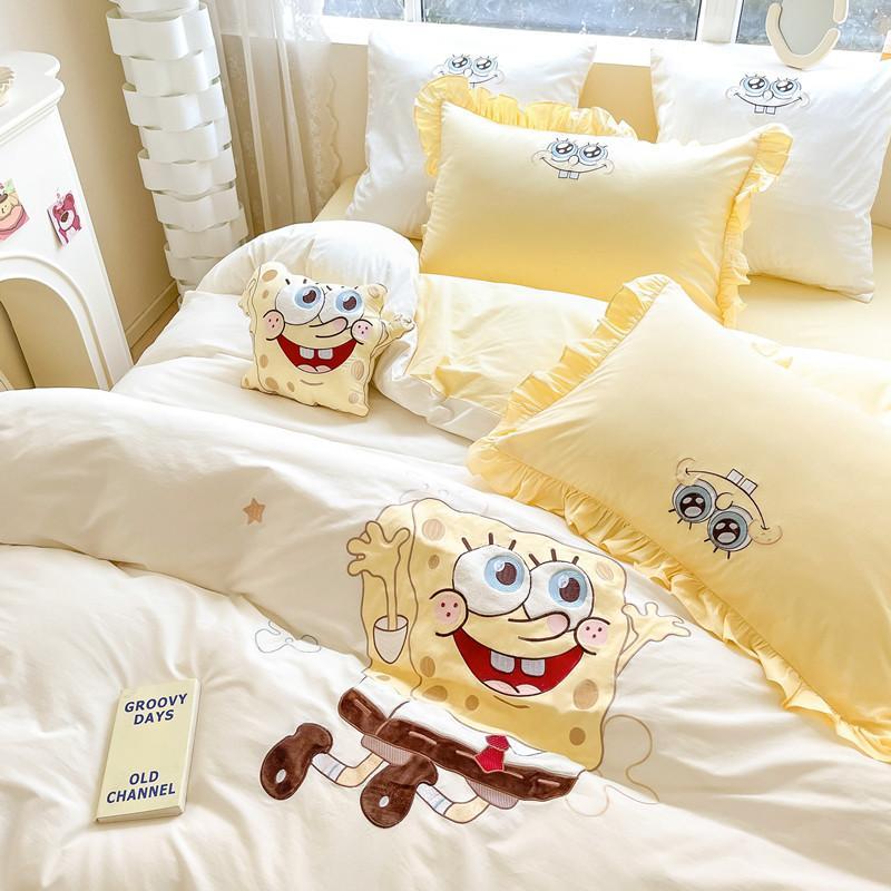 かわいいスポンジボブ綿4点セット綿カバー超柔らかいベッド笠漫画ベッド用品子供3点セット かわいいスポンジボブ綿4点セット綿カバー超柔らかいベッド笠漫画ベッド用品子供3点セット