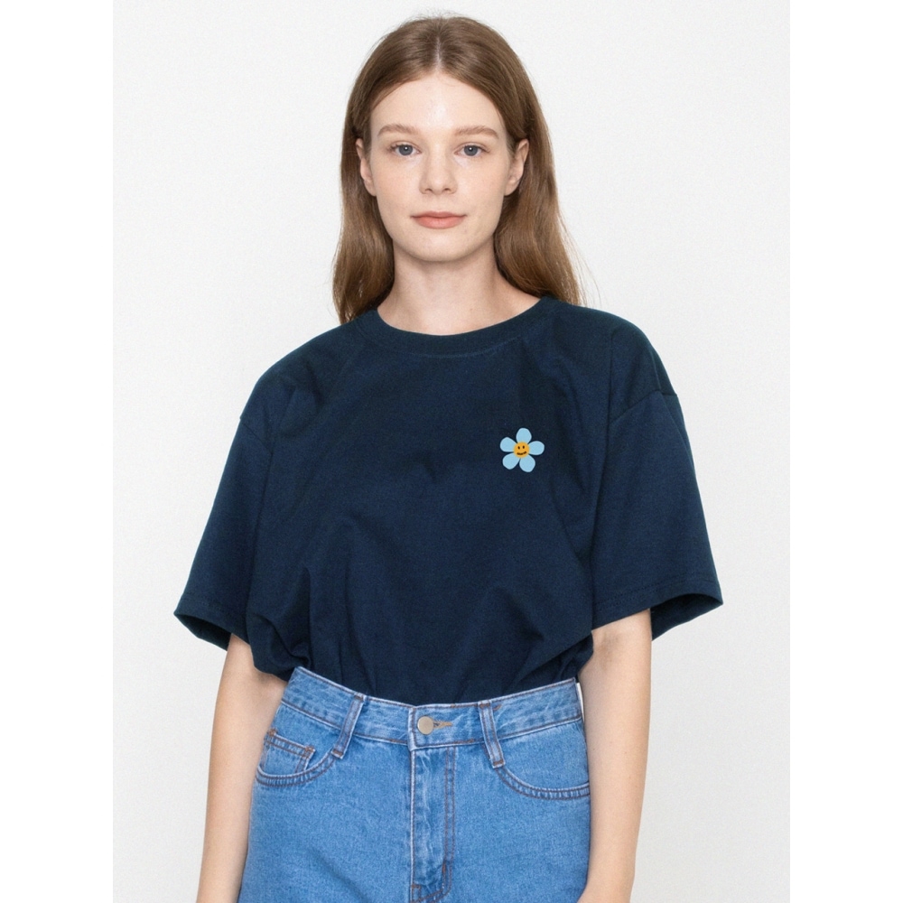 グレイバースカイブルーフラワードットスマイルロゴ半袖Tシャツ 4COLOR