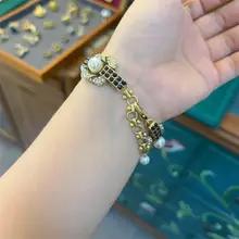 ヴィンテージジュエリーパールブレスレット女性のための 18 18k リアルゴールドカラースクエアラインストーン高級高品質デザイナー母の日 ヴィンテージジュエリーパールブレスレット女性のための 18 18k リアルゴールドカラースクエアラインストーン高級高品質デザイナー母の日