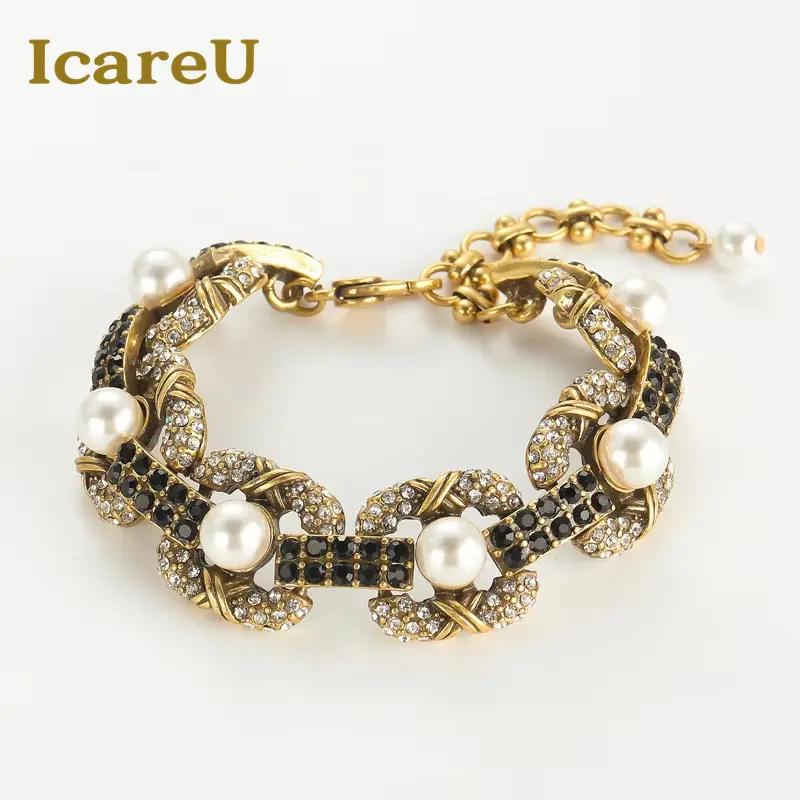 ヴィンテージジュエリーパールブレスレット女性のための 18 18k リアルゴールドカラースクエアラインストーン高級高品質デザイナー母の日 ヴィンテージジュエリーパールブレスレット女性のための 18 18k リアルゴールドカラースクエアラインストーン高級高品質デザイナー母の日