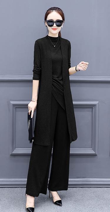 3点セット セットアップ ニットソー カーディガン ワイドパンツ 袖なし