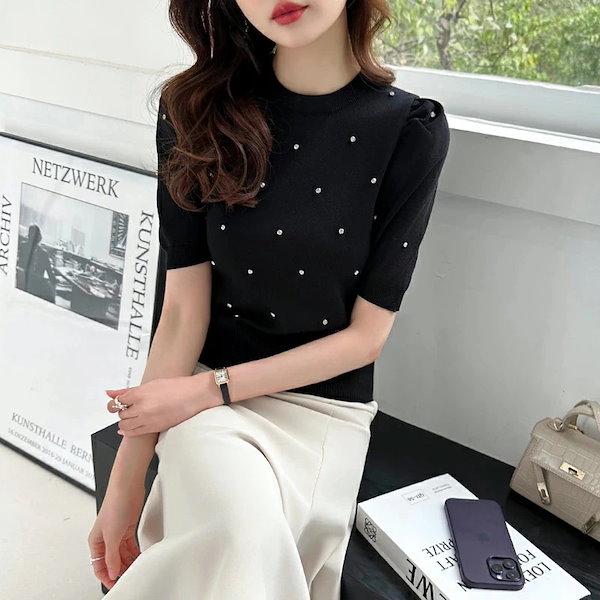 Qoo10] 【即日発送】サマーニット ビジュー パフ