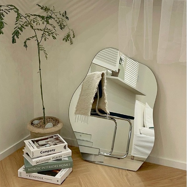 ウェーブミラー Lサイズ(70x56cm) 韓国人気 ウッドスタンド付き