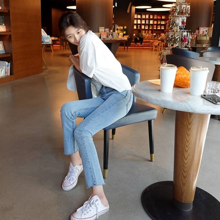 パンツ ジーンス レディース デニム 25 26 27 28 29 30 31 ストレート 八分 九分 ロングハイウエスト 美脚 きれいめ シンプル カジュアル 普段使い 通学 オールシーズン ブルー