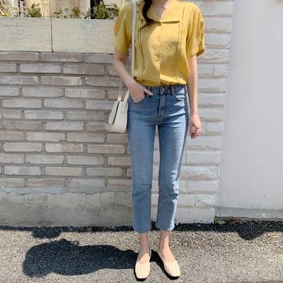 パンツ ジーンス レディース デニム 25 26 27 28 29 30 31 ストレート 八分 九分 ロングハイウエスト 美脚 きれいめ シンプル カジュアル 普段使い 通学 オールシーズン ブルー