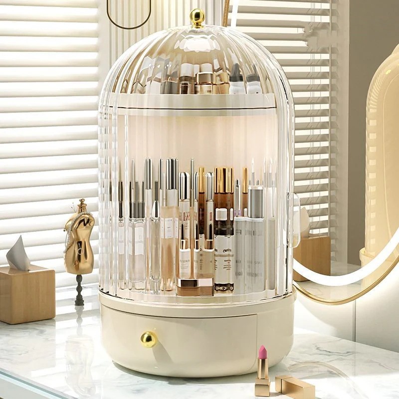 デスクトップ スキンケア用品 回転可能 クリア 収納ボックス ピンク かわいい 防塵 収納ケース