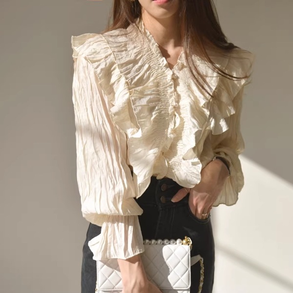 フリル V ネック シャツレディース トップス シャツ ブラウス 長袖 ベルスリーブ Vネック 襟なし ノーカラー ワイド フェミニン レース プリーツ ラッフル フリル パッチワーク ふわふわ フリル V ネック シャツレディース トップス シャツ ブラウス 長袖 ベルスリーブ Vネック 襟なし ノーカラー ワイド フェミニン レース プリーツ ラッフル フリル パッチワーク ふわふわ