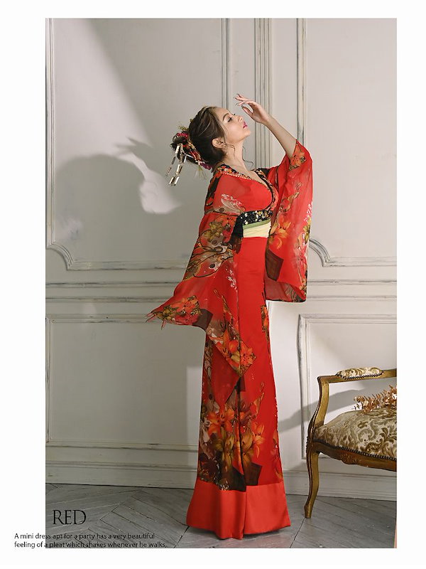 花魁 着物ドレス キャバドレス サテン和柄豪華花魁ミニ着物ドレス 和柄 よさこい 花魁 コスプレ