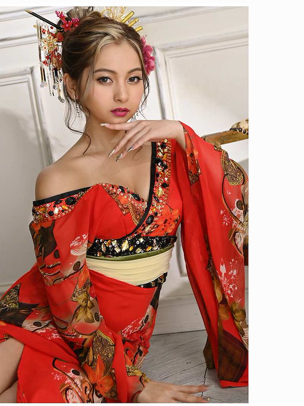 花魁 着物ドレス キャバドレス 花魁 着物ドレス 花柄 和装 キャバドレス 流遊(M/L/XL)(レッド